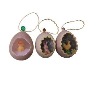 Vintage Handmade Diorama Set Of 3 Easter Ornaments Bunnies Rabbits Chicks